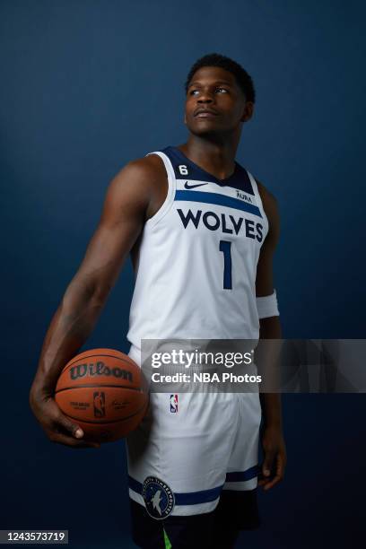 Anthony Edwards of the Minnesota Timberwolves poses for a portrait during NBA Media Day on September 26, 2022 at Target Center in Minneapolis,...