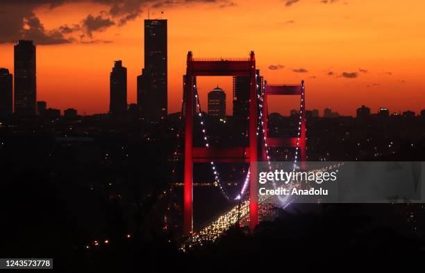 View of Fatih Sultan Mehmet Bridge during sunset in Istanbul, Turkiye on September 28, 2022.