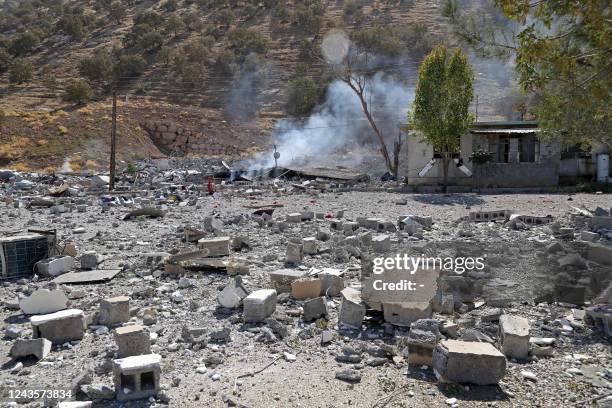 Partial view shows the aftermath of Iranian cross-border attacks in the area of Zargwez, where several exiled left-wing Iranian Kurdish parties...