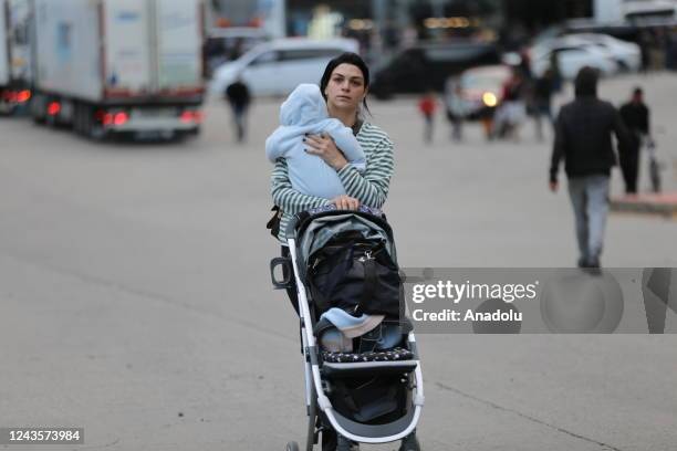 Russians are seen attempting to leave their country to avoid a military call-up for the Russia-Ukraine war as queues have formed at the Kazbegi...