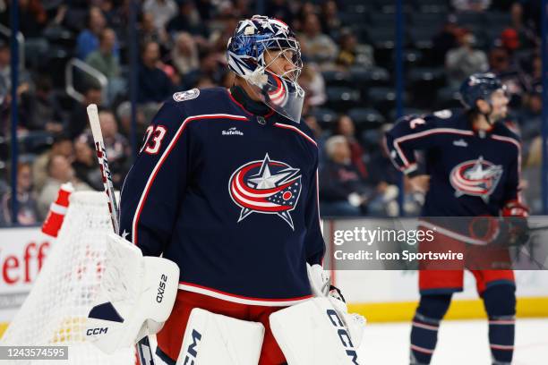 Columbus Blue Jackets goaltender Jet Greaves during the preseason game between the Columbus Blue Jackets and the Pittsburgh Penguins on September 24...