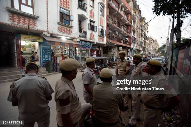 Police outside Delhi office of PFI located at Shaheen Bagh Okhla sealed by Delhi Police on September 28 2022 in New Delhi, India. After the arrest of...