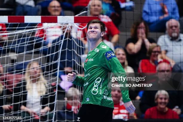 Simon Gade of Aalborg reacts during the mens handball Champions League match between Aalborg Handball and Lomza Industria Kielce in Aalborg, on...