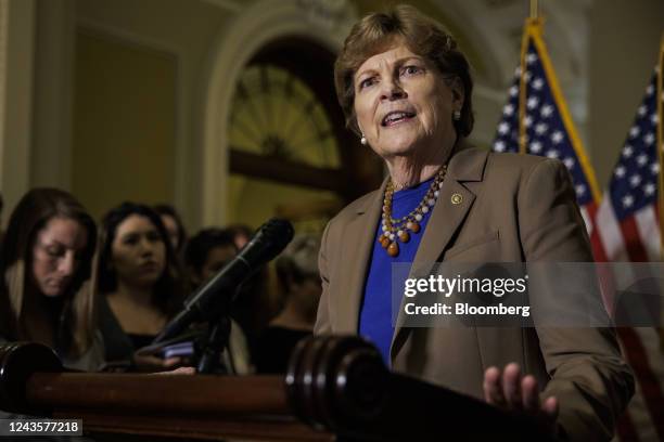 Senator Jeanne Shaheen, a Democrat from New Hampshire, speaks during a news conference following the weekly Republican caucus luncheon at the US...