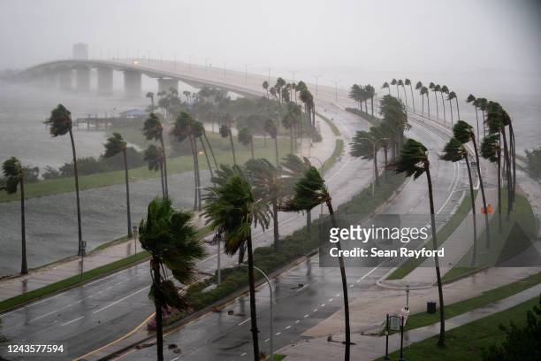 Wind gusts blow across Sarasota Bay as Hurricane Ian churns to the south on September 28, 2022 in Sarasota, Florida. The storm made a U.S. Landfall...