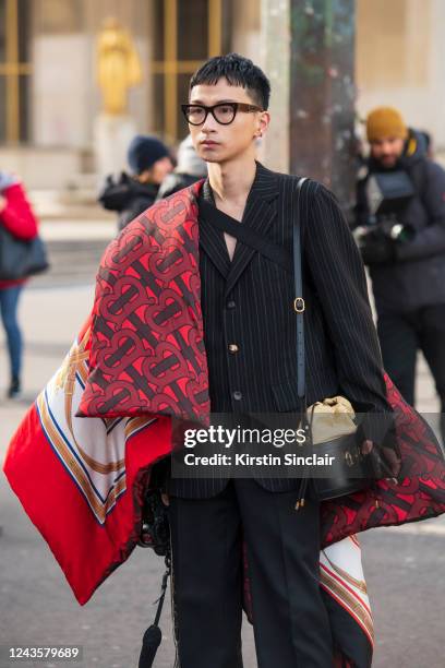 Photographer Yumeng Zheng wears a Burberry padded scarf, Gucci bag, Celine glasses, pin striped jacket and black trousers on February 29, 2020 in...