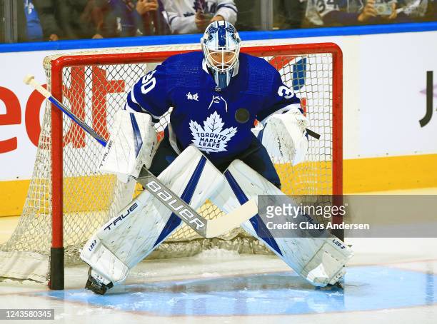 Matt Murray of the Toronto Maple Leafs warms up before playing against the Montreal Canadiens during an NHL pre-season game at Scotiabank Arena on...