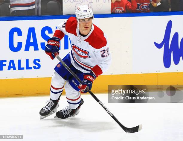 Juraj Slafkovsky of the Montreal Canadiens warms up before playing against the Toronto Maple Leafs during an NHL pre-season game at Scotiabank Arena...