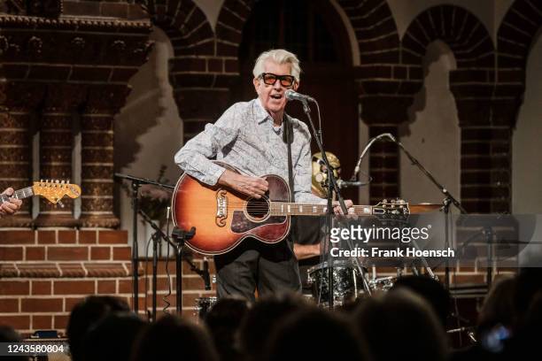 British singer Nick Lowe performs live on stage during a concert at the Passionskirche on September 28, 2022 in Berlin, Germany.