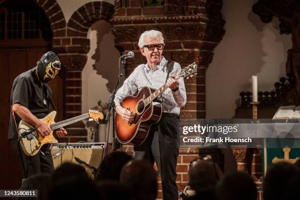 British singer Nick Lowe performs live on stage during a concert at the Passionskirche on September 28, 2022 in Berlin, Germany.