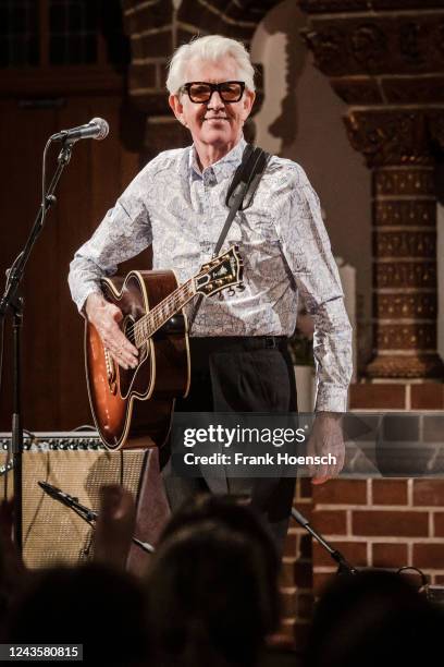 British singer Nick Lowe performs live on stage during a concert at the Passionskirche on September 28, 2022 in Berlin, Germany.