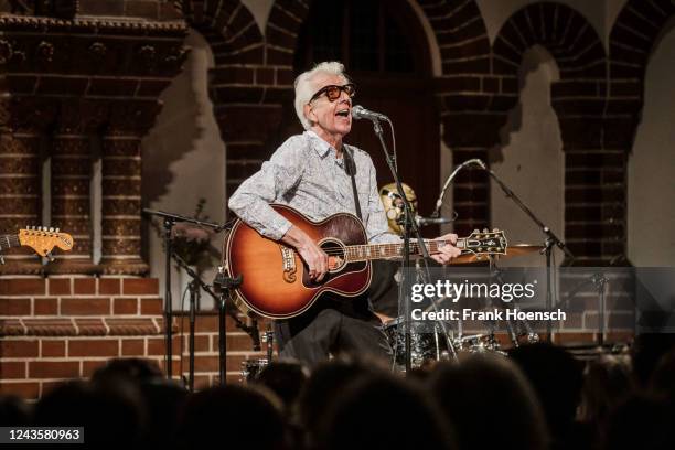 British singer Nick Lowe performs live on stage during a concert at the Passionskirche on September 28, 2022 in Berlin, Germany.