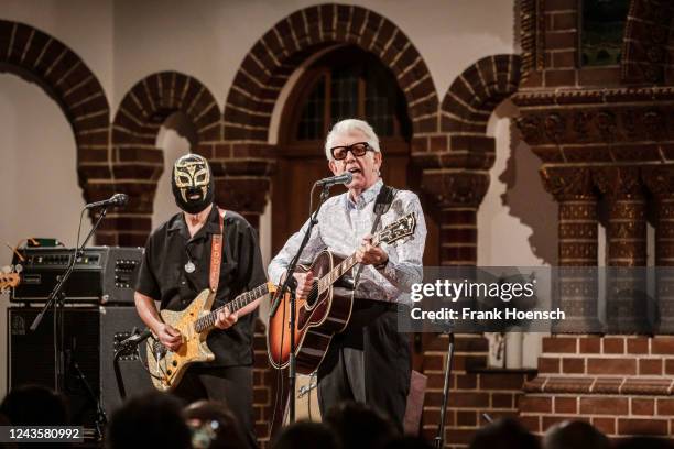 British singer Nick Lowe performs live on stage during a concert at the Passionskirche on September 28, 2022 in Berlin, Germany.