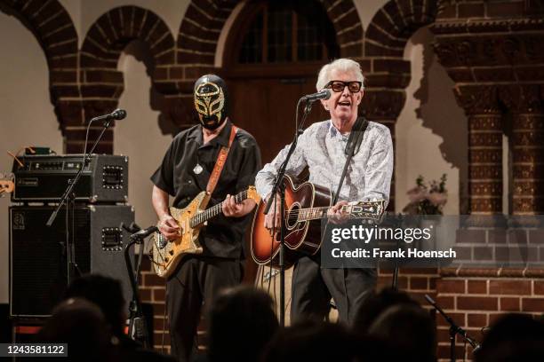 British singer Nick Lowe performs live on stage during a concert at the Passionskirche on September 28, 2022 in Berlin, Germany.