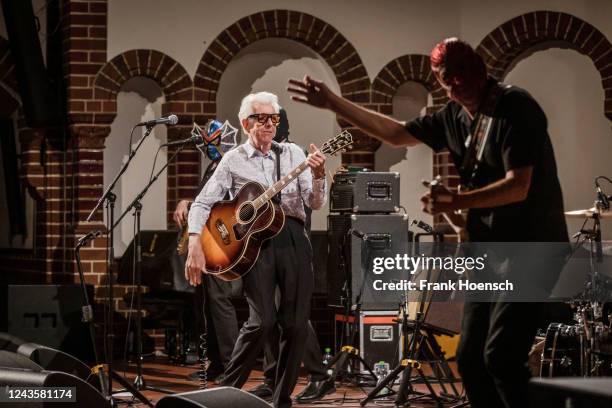 British singer Nick Lowe performs live on stage during a concert at the Passionskirche on September 28, 2022 in Berlin, Germany.