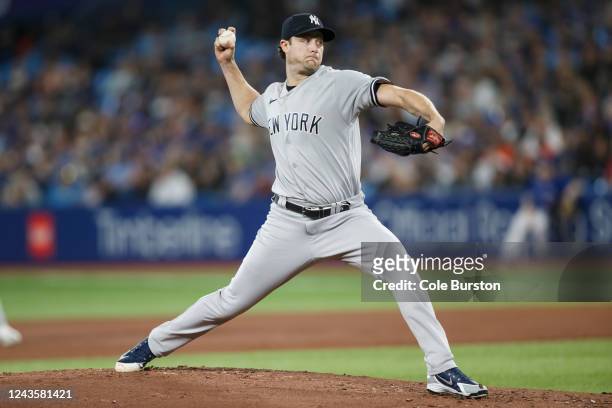 Gerrit Cole of the New York Yankees pitches in the first inning of the game against the Toronto Blue Jays at Rogers Centre on September 28, 2022 in...