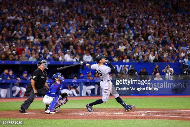 Aaron Judge of the New York Yankees flies out in the second inning against the Toronto Blue Jays at Rogers Centre on September 28, 2022 in Toronto,...