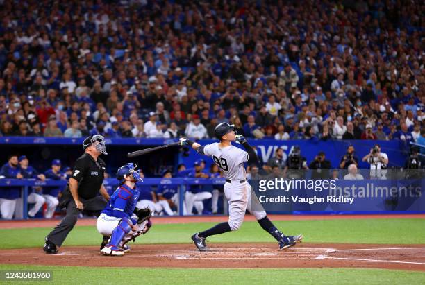 Aaron Judge of the New York Yankees flies out in the second inning against the Toronto Blue Jays at Rogers Centre on September 28, 2022 in Toronto,...