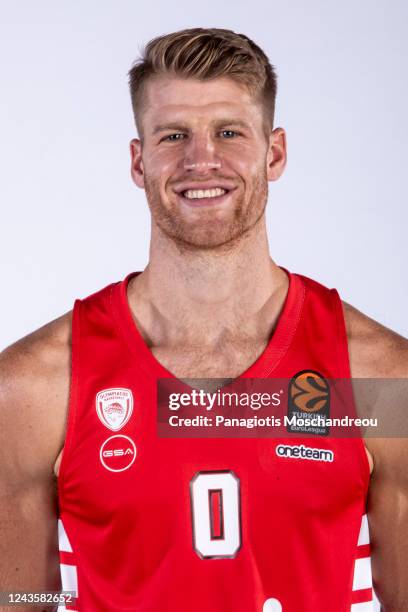 Thomas Walkup, #0 poses during the Olympiacos Piraeus Turkish Airlines EuroLeague Media Day 2022/2023 at Peace and Friendship Stadium on September...