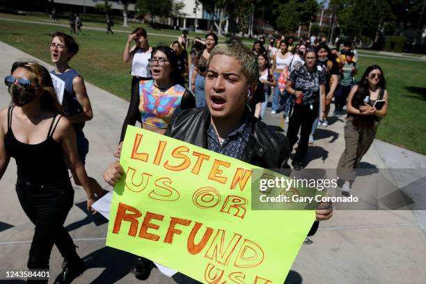 David Soto a political science student, along with his classmates protest on the Campus of California State University Long Beach on Wednesday, Sept....