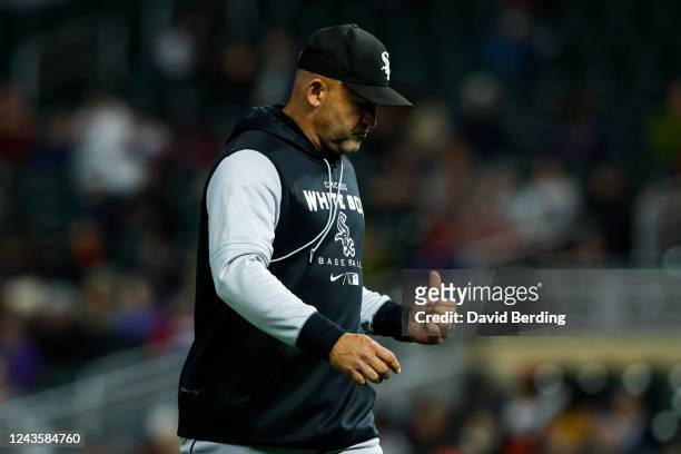 Miguel Cairo of the Chicago White Sox looks on against the Minnesota Twins in the sixth inning of the game at Target Field on September 28, 2022 in...