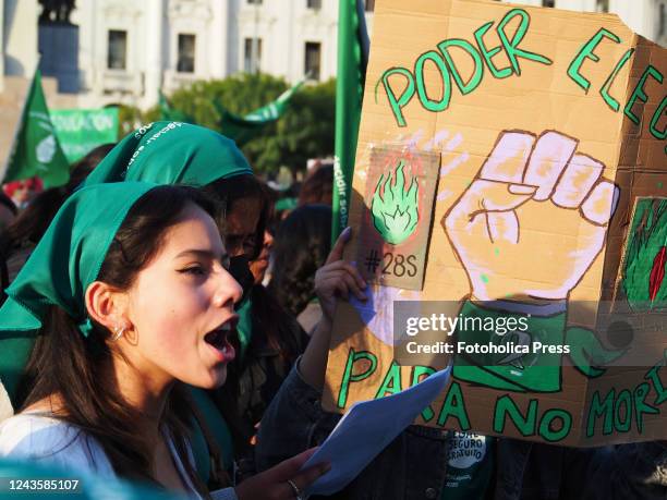 Hundreds of women, wearing green scarf, carry out a demonstration demanding "Legal, safe and free abortion" in Peru, as part of the comprehensive...