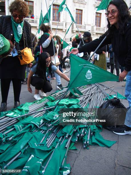 Dozens of green pennants when hundreds of women, wearing green scarf, carry out a demonstration demanding "Legal, safe and free abortion" in Peru, as...