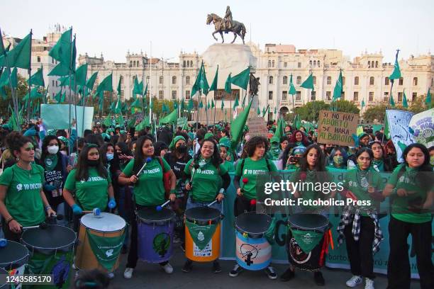 Hundreds of women, wearing green scarf, carry out a demonstration demanding "Legal, safe and free abortion" in Peru, as part of the comprehensive...