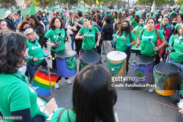 Hundreds of women, wearing green scarf, carry out a demonstration demanding "Legal, safe and free abortion" in Peru, as part of the comprehensive...