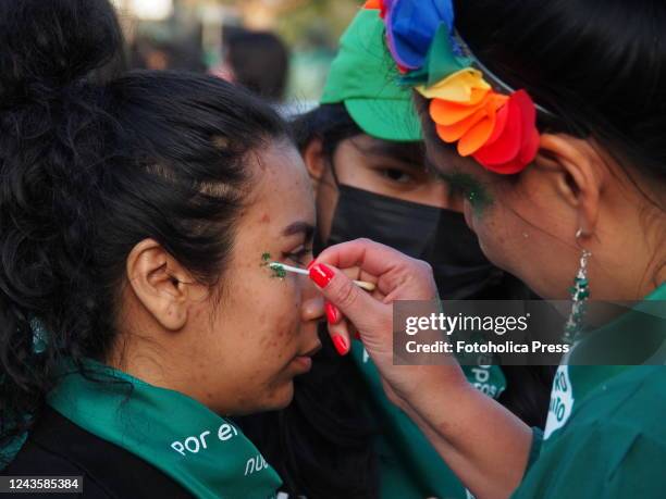 Hundreds of women, wearing green scarf, carry out a demonstration demanding "Legal, safe and free abortion" in Peru, as part of the comprehensive...