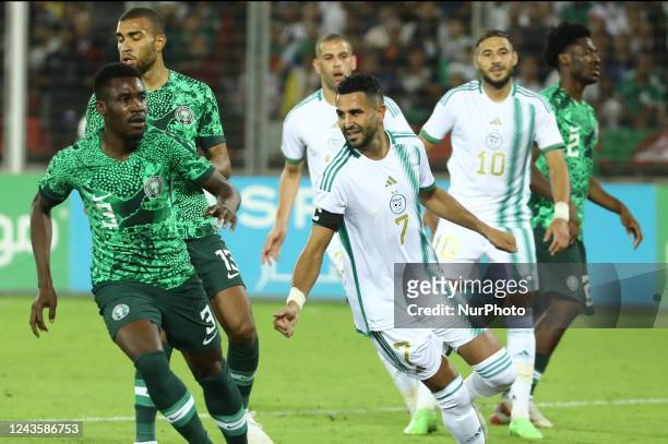 Riyad Mahrez of Algeria vies for the ball, during Friendly Match Between Algeria and Nigeria at the Stade d'Oran in Algeria on September 27, 2022