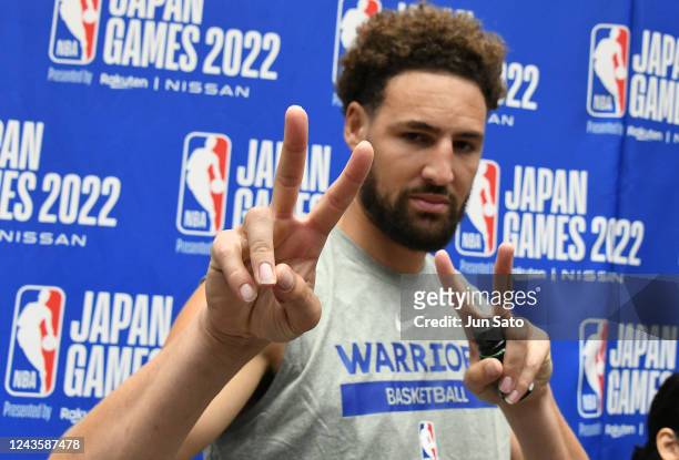 Klay Thompson of the Golden State Warriors speaks at the media interview session during the NBA Japan Games Team Practice on September 29, 2022 in...