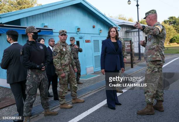 Vice President Kamala Harris is given a tour near the demarcation line at the demilitarized zone separating North and South Korea, in Panmunjom on...