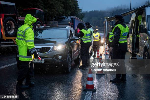 The Czech police launches checks on the Czech-Slovak border due to the high number of refugees crossing into Germany and Austria in Mosty u...