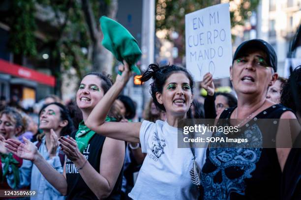 Women chant slogans during the demonstration. On 28th September, demonstrators gathered for the Global day of action for the right to free, safe, and...