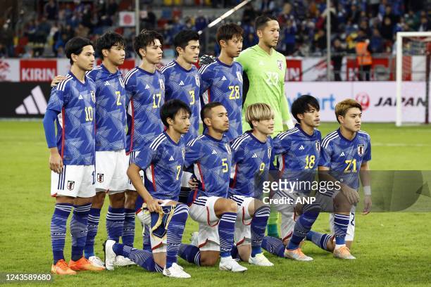 Takumi Minamino of Japan, Miki Yamane of Japan, Ao Tanake of Japan, Shogo Taniguchi of Japan, Shuto Machino of Japan, Japan goalkeeper Daniel Schmidt...