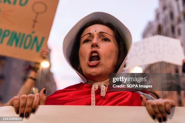 Woman shouting slogans during the demonstration. On 28th September, demonstrators gathered for the Global day of action for the right to free, safe,...