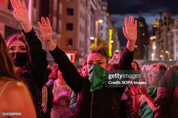 Woman raises her hands up during the demonstration. On 28th September, demonstrators gathered for the Global day of action for the right to free,...