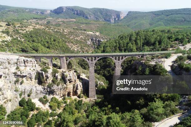 An aerial view of the Varda Viaduct, which was featured in the opening sequence to the James Bond film 'Skyfall', in the Karaisali district of Adana,...