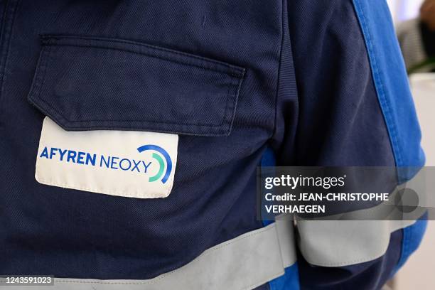 Photograph shows the logo of the short circuit and zero waste Afyren Neoxy biorefinery on its inauguration day in Saint-Avold, northeastern France on...