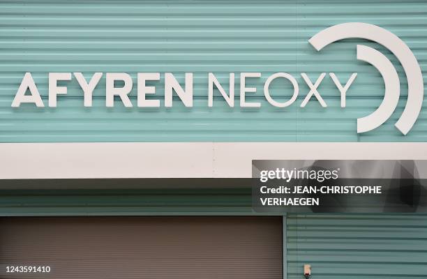 Photograph shows the logo of the short circuit and zero waste Afyren Neoxy biorefinery on its inauguration day in Saint-Avold, northeastern France on...