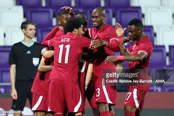 Akram Afif of Qatar celebrates after scoring a goal to make it 1-1 during the International Friendly match between Qatar and Chile at Generali Arena...