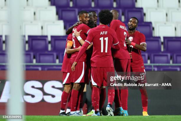 Akram Afif of Qatar celebrates after scoring a goal to make it 1-1 during the International Friendly match between Qatar and Chile at Generali Arena...