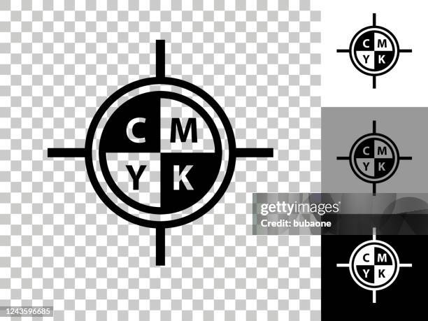 cmyk-drucksymbol auf schachbrett transparenter hintergrund - cmyk farbmodell stock-grafiken, -clipart, -cartoons und -symbole