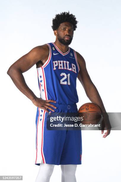 Joel Embiid of the Philadelphia 76ers poses for a portrait during NBA Media Day on September 26, 2022 at Wells Fargo Center in Philadelphia,...