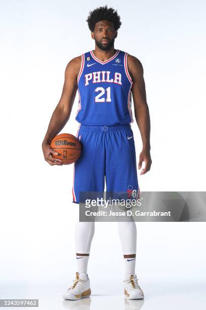 Joel Embiid of the Philadelphia 76ers poses for a portrait during NBA Media Day on September 26, 2022 at Wells Fargo Center in Philadelphia,...