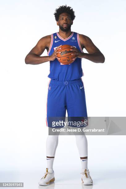 Joel Embiid of the Philadelphia 76ers poses for a portrait during NBA Media Day on September 26, 2022 at Wells Fargo Center in Philadelphia,...