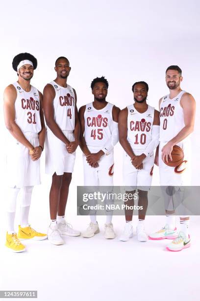 Jarrett Allen, Evan Mobley, Donovan Mitchell, Darius Garland, Kevin Love of the Cleveland Cavaliers pose for a portrait during 2022 NBA Media Day on...