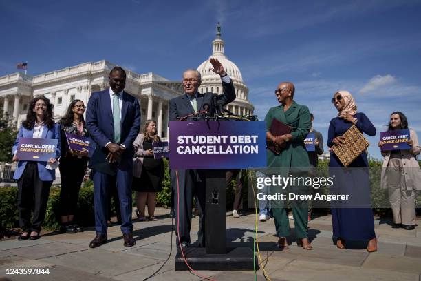 Senate Majority Leader Chuck Schumer speaks during a news conference to discuss student debt cancellation on Capitol Hill September 29, 2022 in...