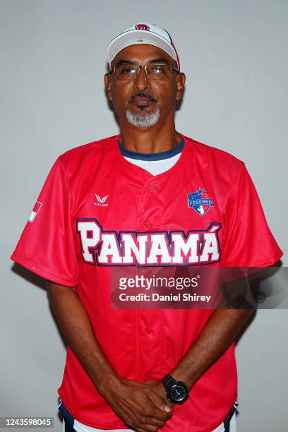 Bullpen Coach Enrique Burgos of Team Panama poses for a photo during the World Baseball Classic Qualifier Headshots at Rod Carew National Stadium on...